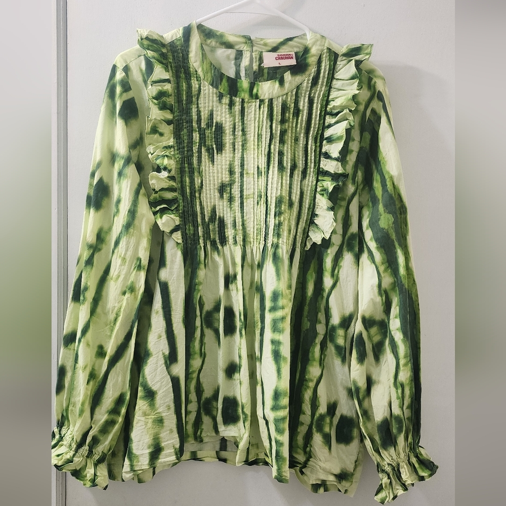 Anthropologie Samant Chauhan Green‎ Tie-Dye Ruffle Blouse, Size L, 100% Cotton.
